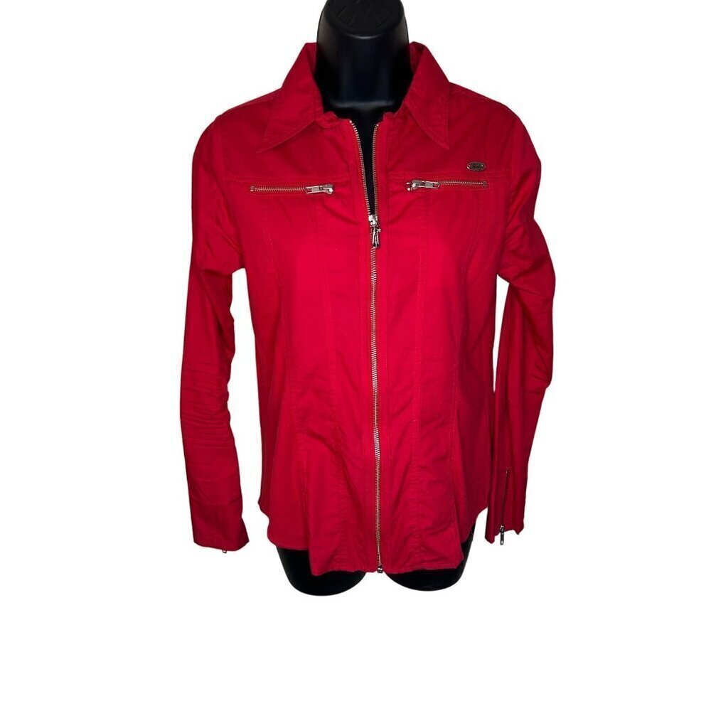 Harley Davidson Red Embroidered Full Zip Women's Cotton Collared Shirt Size Smal